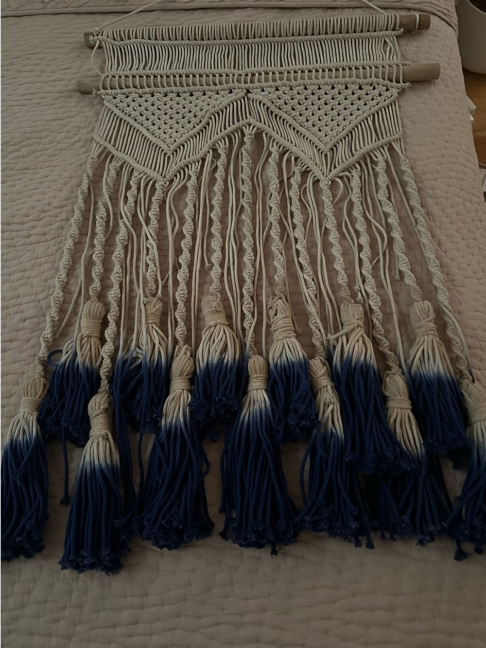 Anthropologie Cream and Blue Macramé Wall Hanging